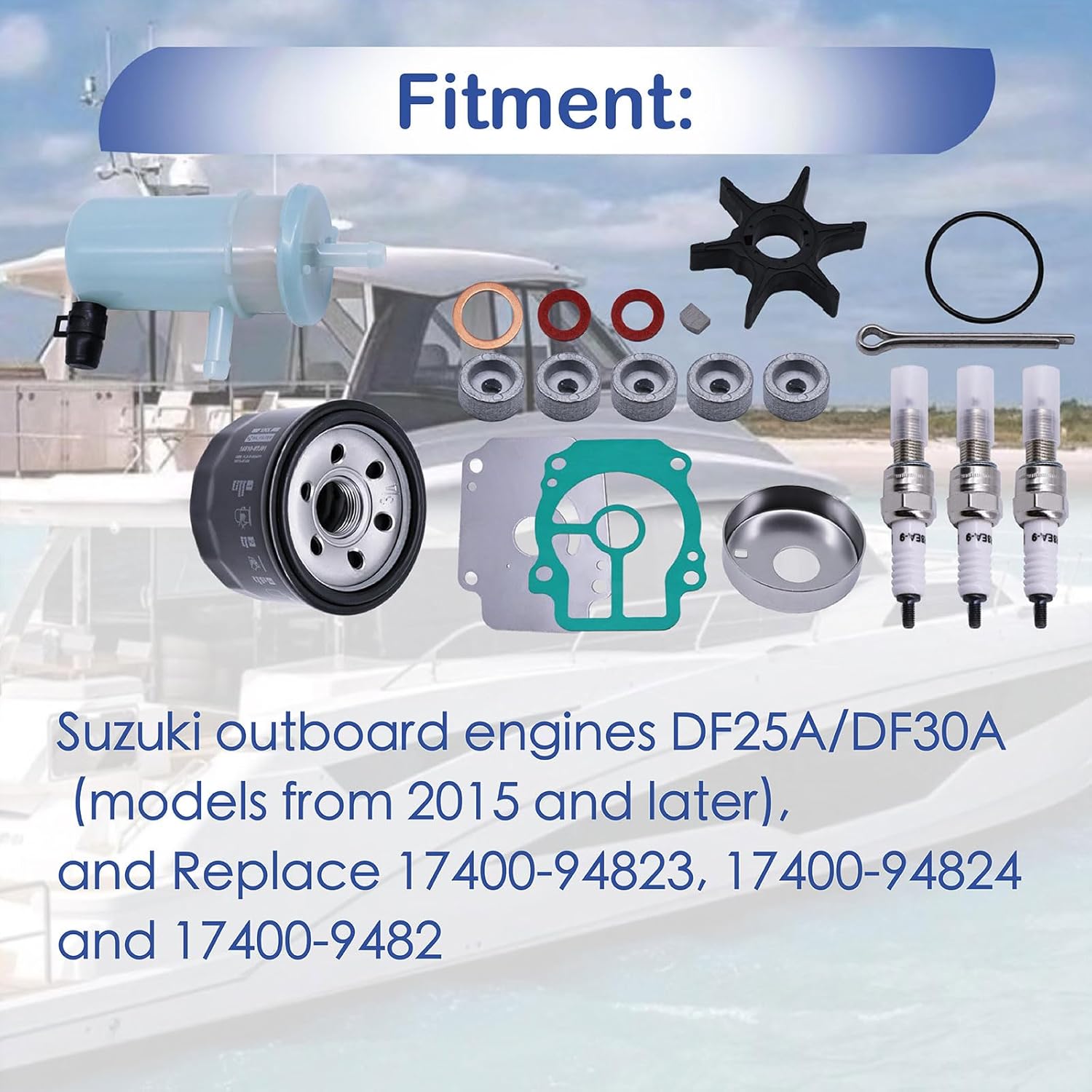 Marine Outboard Engine Maintenance Kit 17400-94823 Compatible with Suzuki DF25A,DF30A 2015+,with Oil Filter,Fuel Filter,Water Pump Kit