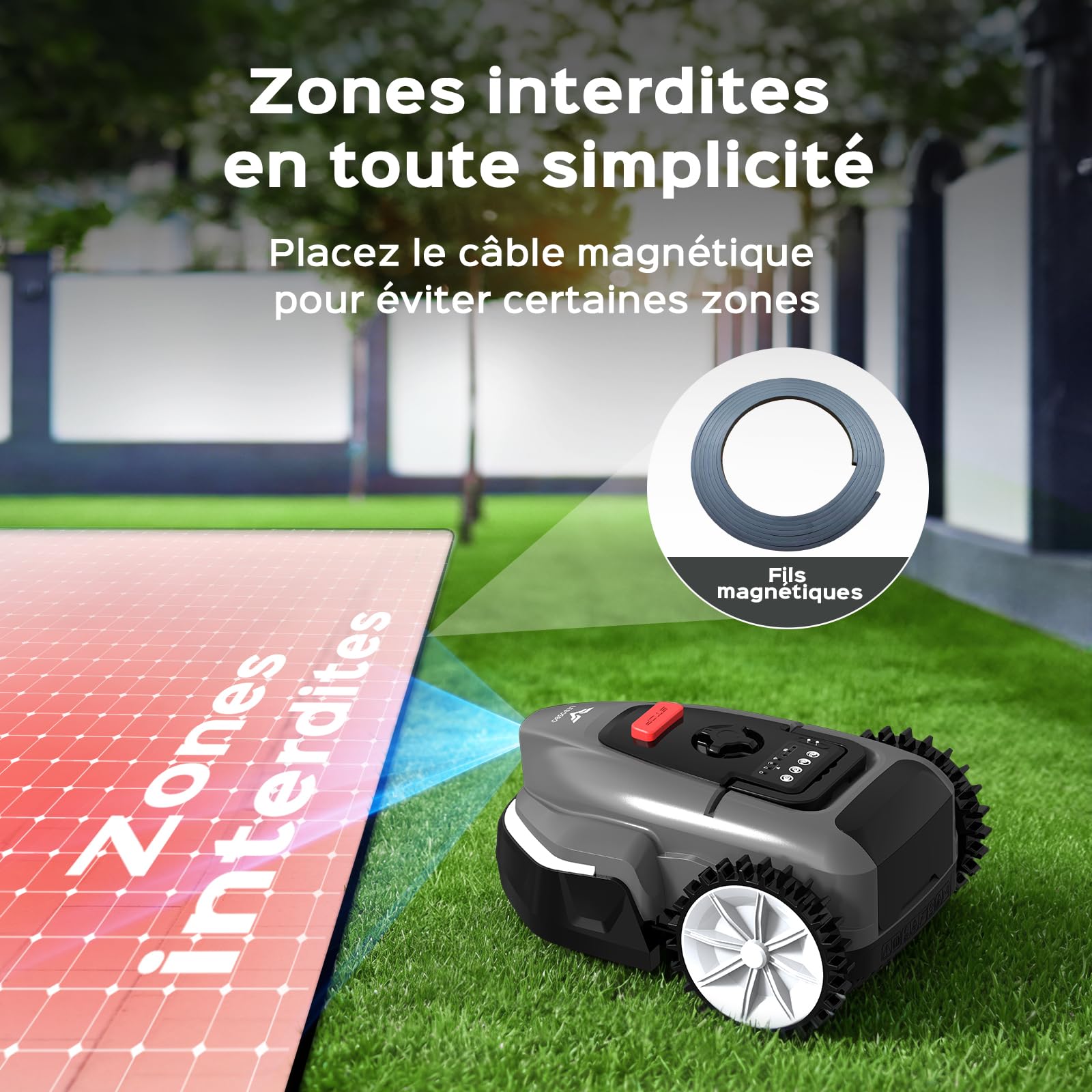 V3 Robot Tondeuse sans Câble Périphérique, Navigation Visuelle IA, Détection de 150+ Obstacles, Contrôle Via App, Moteur sans Balais, 50 DB, Bandes Magnétiques, pour Petits Jardins Plats