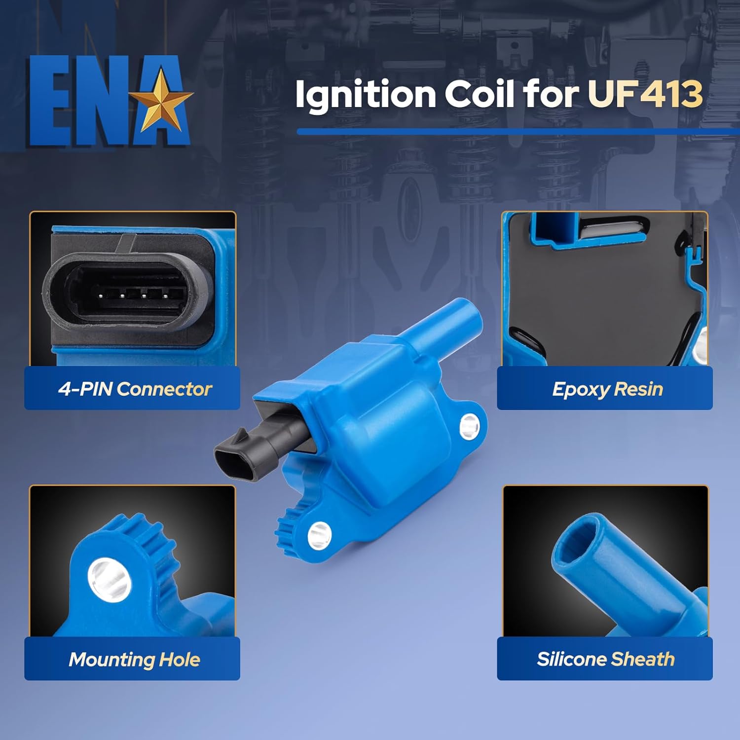 ENA Set of 8 Professional Ignition Coil and 7mm Blue Wire Set with 8 Platinum Spark Plug Compatible with Buick Cadillac Chevrolet GMC LaCrosse Express Savana 2500 5.3L 6.2L 6.0L Replacement for UF413