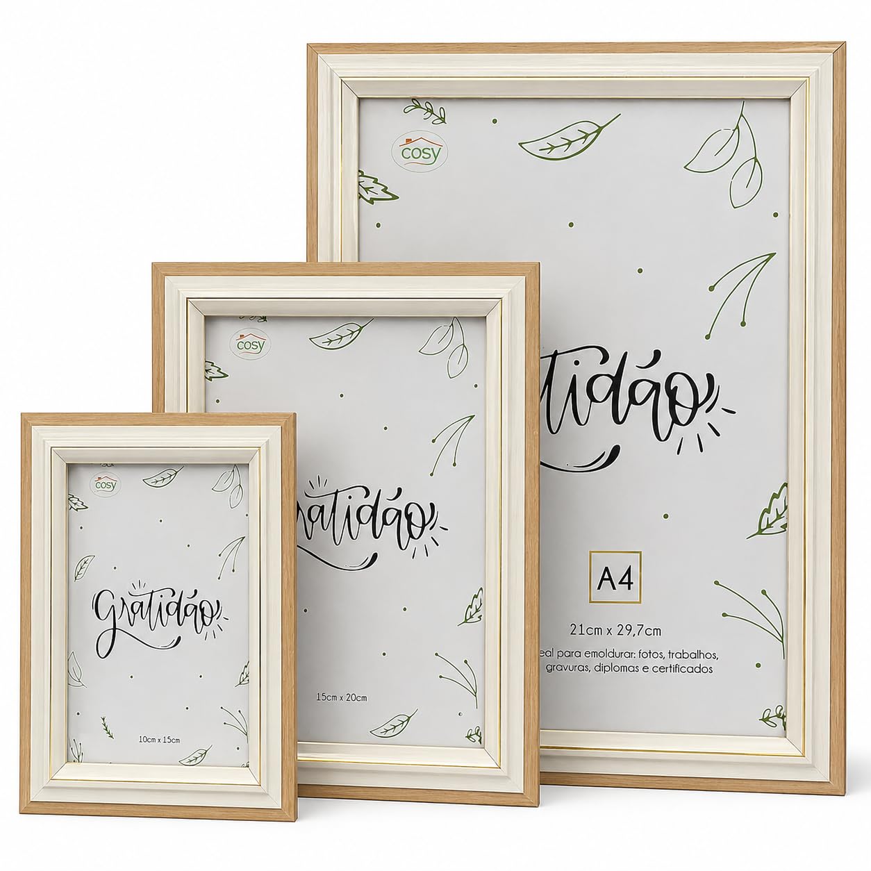 Conjunto de 3 Porta-Retratos Premium, 10x15cm, 15x20cm e 21x29,7cm, Moldura Texturizada
