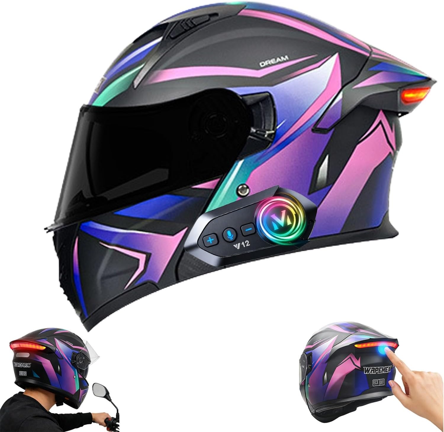 Flip-Up Full-Face Modular Motorcycle Helmet with Bluetooth - with LED Taillights Anti-Fog Flip-Up Dual Visor - ECE 22.06 Certified for Men Women, Scooter & Moped A,Large