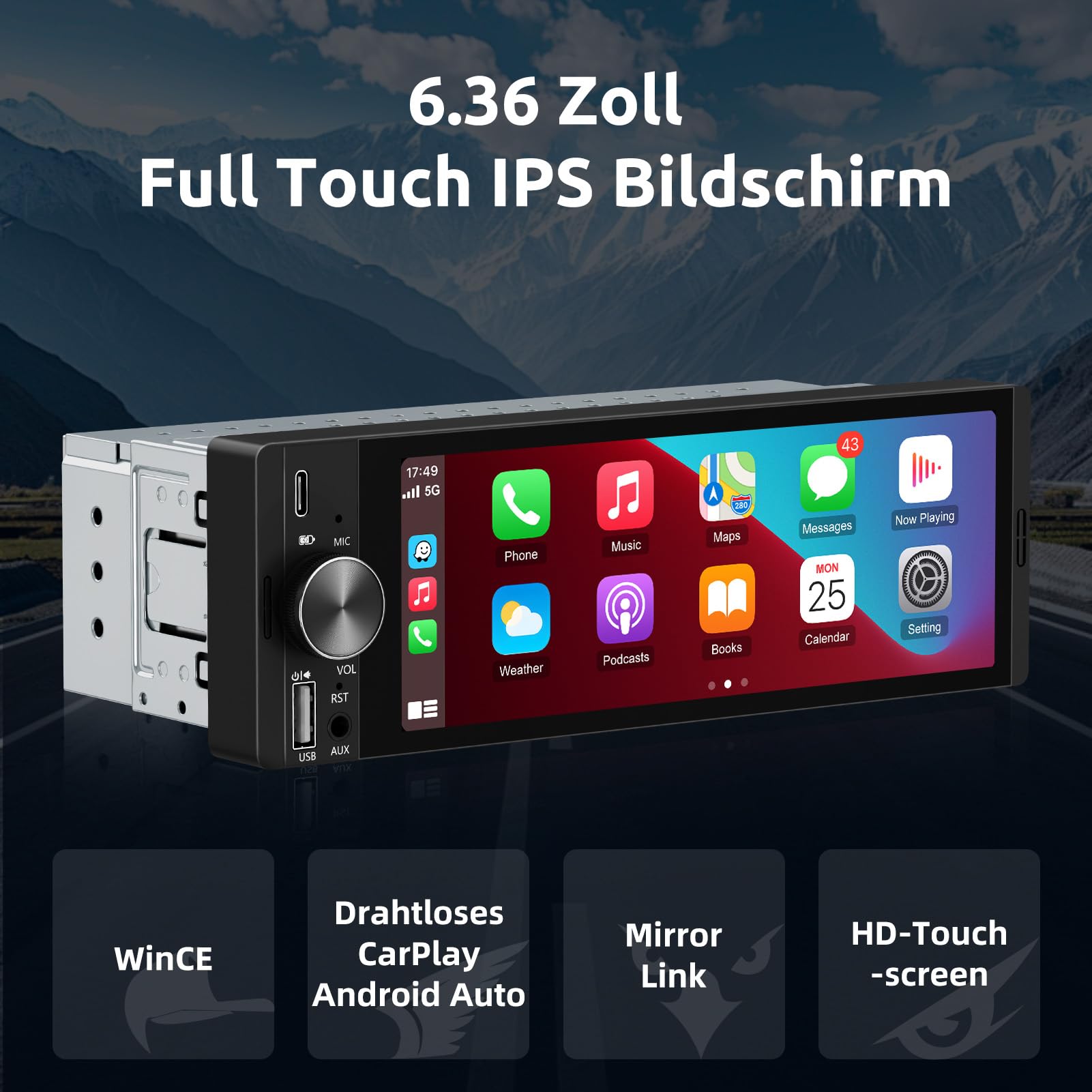 ESSGOO 6.36 Zoll 1 DIN Autoradio mit Wireless Carplay und Android Auto, HD IPS Bildschirm Auto Display Bluetooth Radio mit Rückfahrkamera Mirror Voice Control Mirror Link FM
