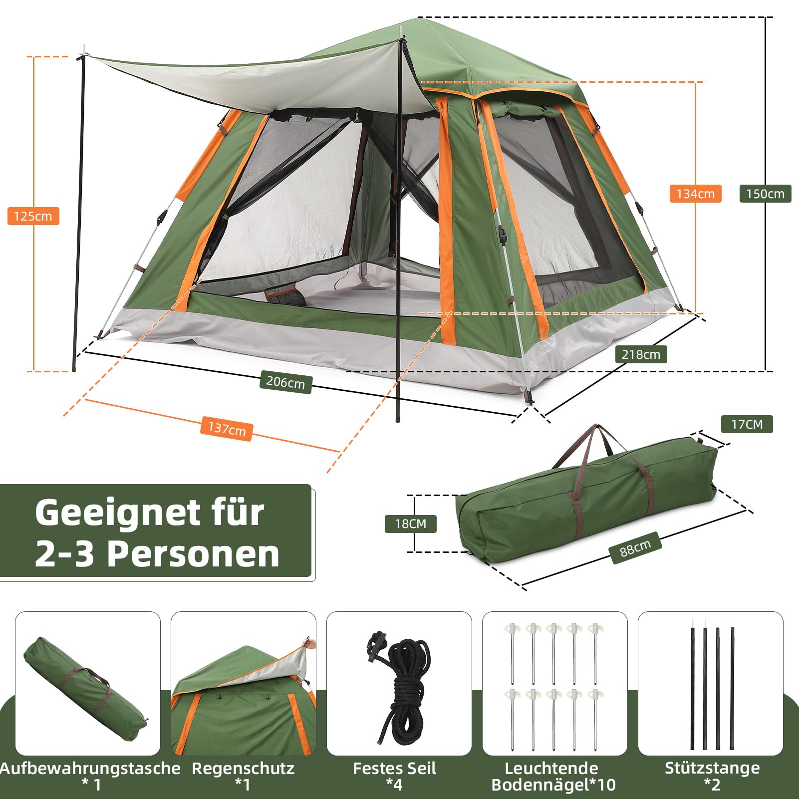 HAUSPROFI Camping Zelt 2-3 Personen Pop Up Zelt Automatisches Wurfzelt, Wasserdicht Winddicht mit Vorzelt Fenster, Doppelschicht Kuppelzelt 4 Jahreszeiten, Moskitoschutz für Familien Camping Festival
