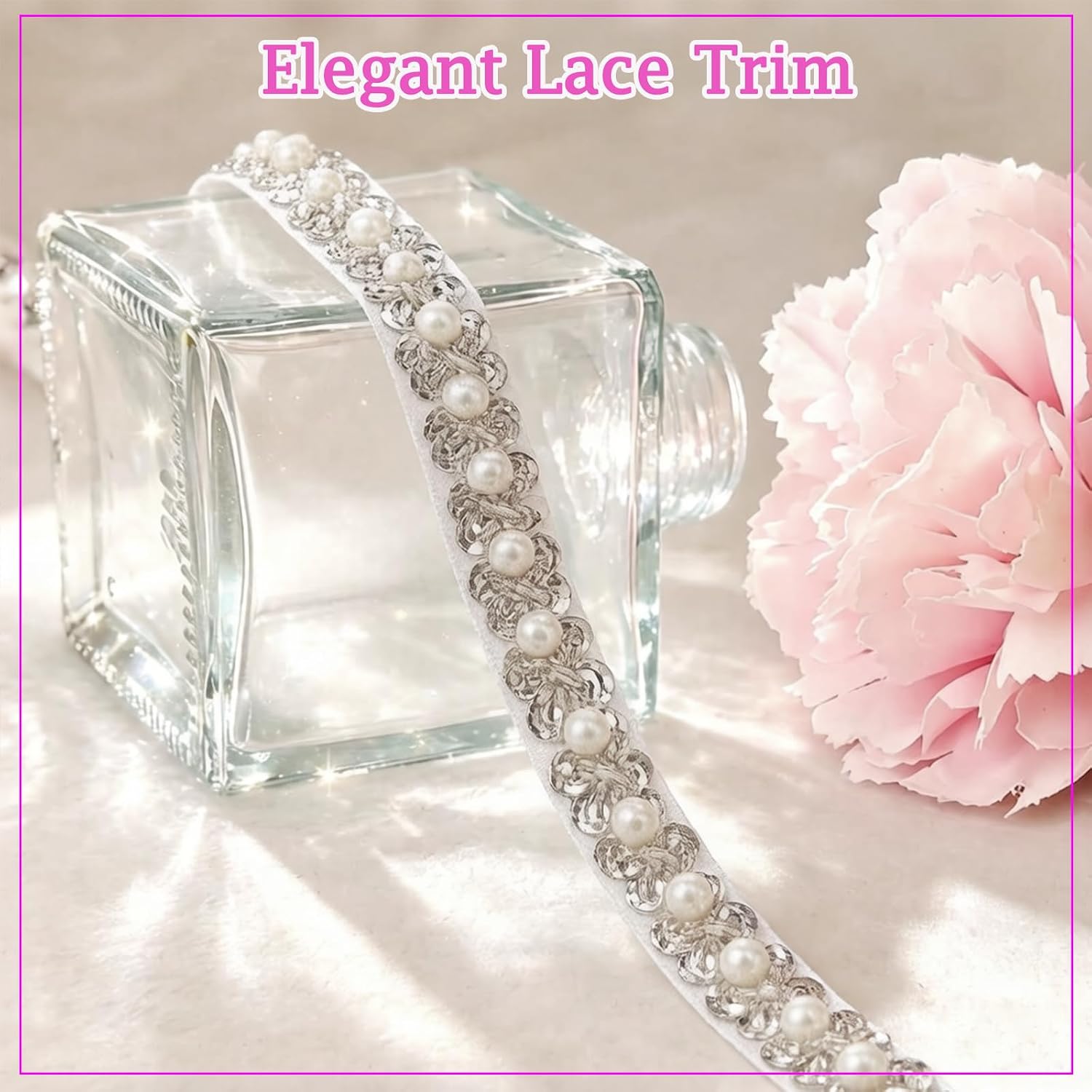 White Pearl Beaded Trim for Crafts, 2Y Pearl Lace Ribbon with Glue Kit for Wedding Dress Straps Rhinestone Trim Applique Bridal Decoration Costume Crafts
