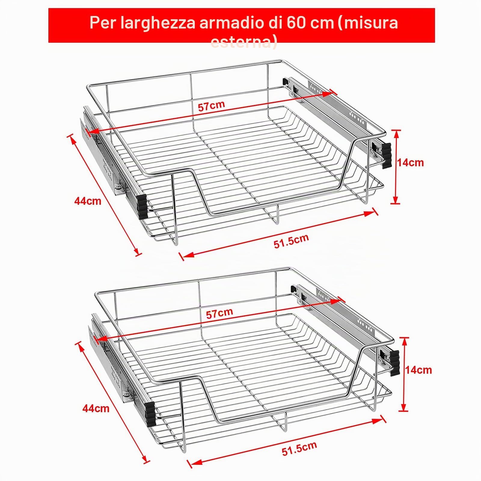 NAIZY 2 cassetti da cucina telescopici da 60 cm, con estrazione, per la camera da letto, per armadio, cassetto da cucina, 60 cm