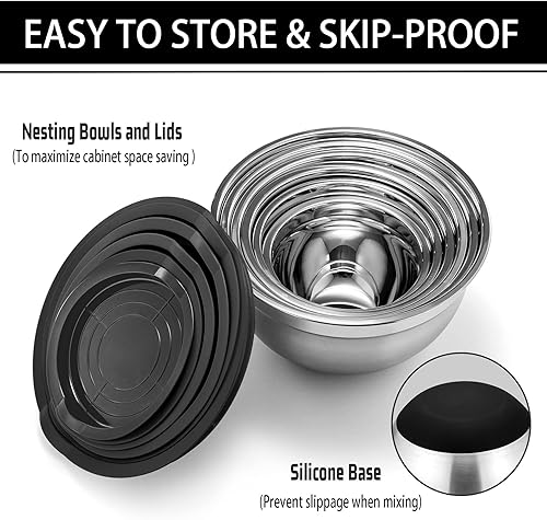 Miniatura 2 de P&P CHEF Juego de 6 cuencos negros para mezclar con tapa, de acero inoxidable, anidados, para mezclar y preparar alimentos, tamaño 0.7, 1, 1.5, 2,