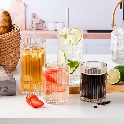 Miniatura 7 de WHJY Juego de 4 vasos altos de cristal acanalados altos para uso diario, para cóctel, whisky, cerveza, jugo, 13 onzas