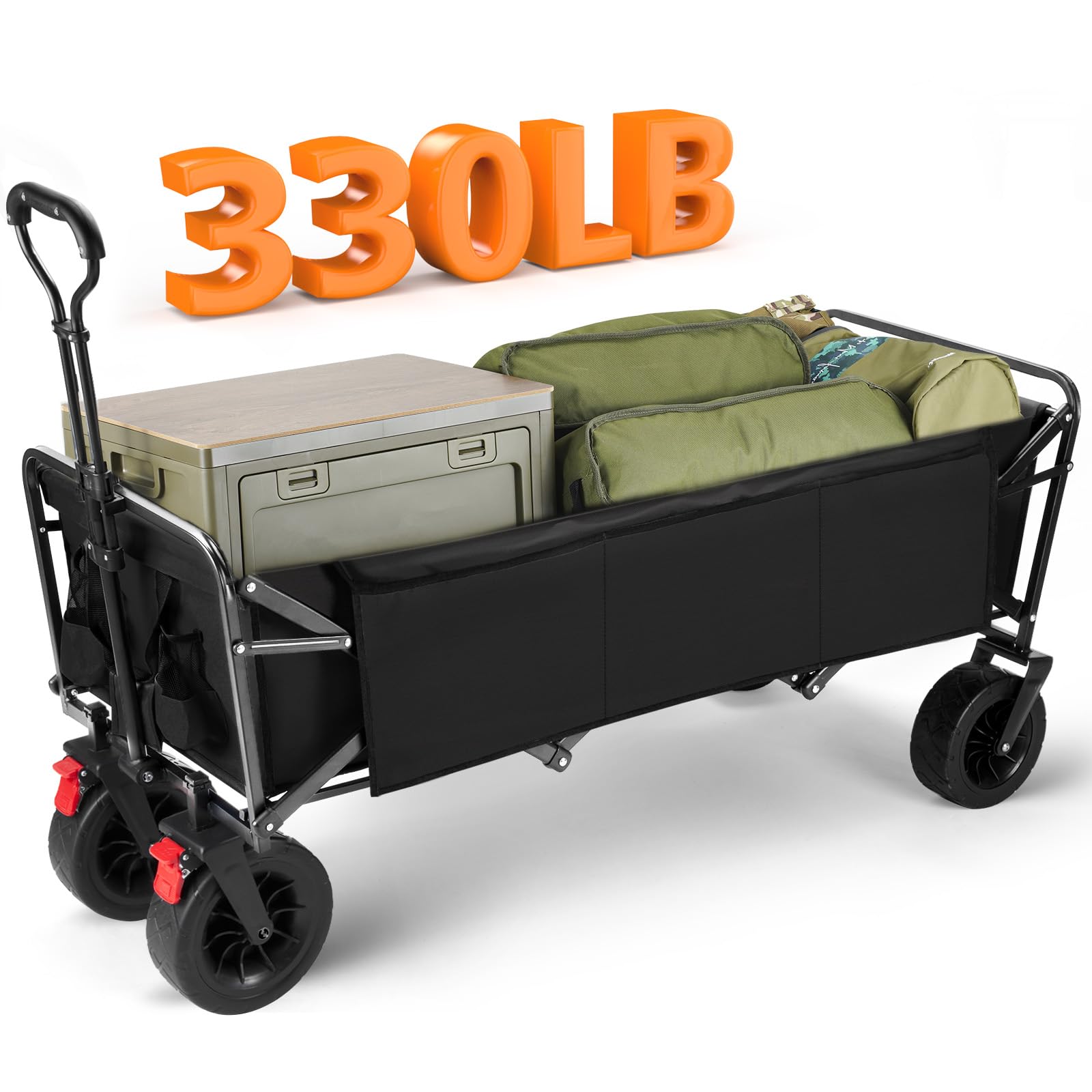Carro de Jardín Plegable Ruedas Grandes, Morpilot Carro de Mano Plegable con Ruedas Grandes y Almacenamiento Trasero hasta 150KG 220L, Carro para Jardín, Playa, Camping, Compras, Negro