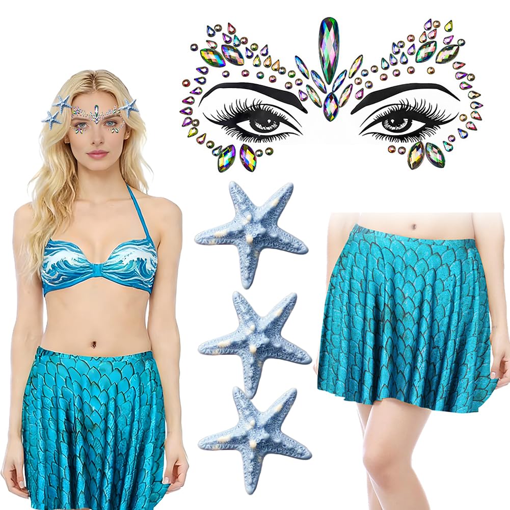 YUPDFGB 5Pcs Ocean Theme Cosplay Costume Set for Women Mermaid Costume for Women Adult 1 Skirt, 1 Ocean Face Tattoo