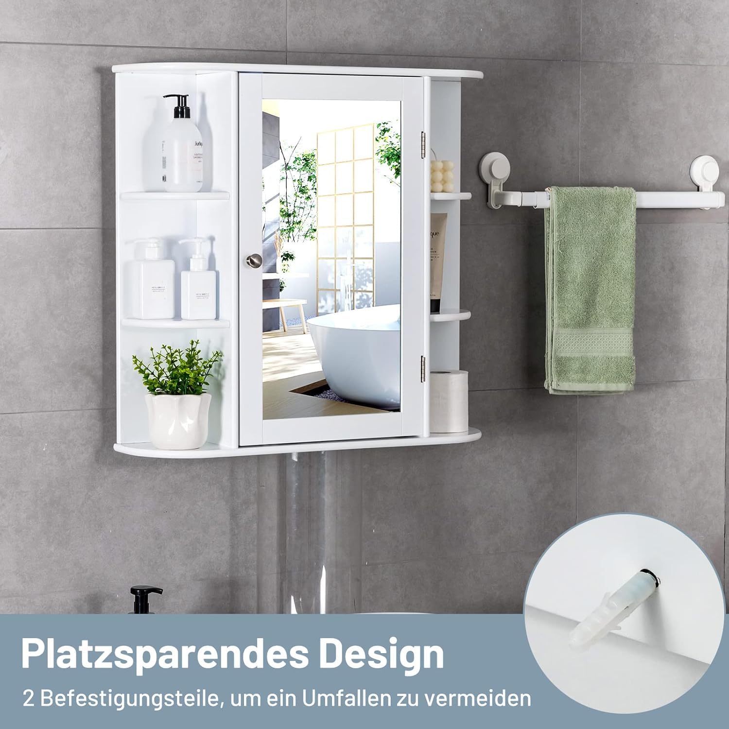 FANTASK Armadietto a specchio da bagno in legno, con 4 scomparti e 6 ripiani aperti, da appendere con specchio, 66 x 17 x 63 cm, bianco