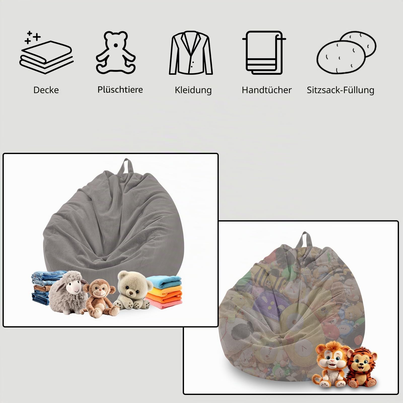 Sitzsack/Stuhlbezug, Kord, weich, Stofftiere, Aufbewahrung, Sitzsack, Sofabezug für Kinder, Erwachsene, Haustiere, Hunde, Katzen (hellgrau)