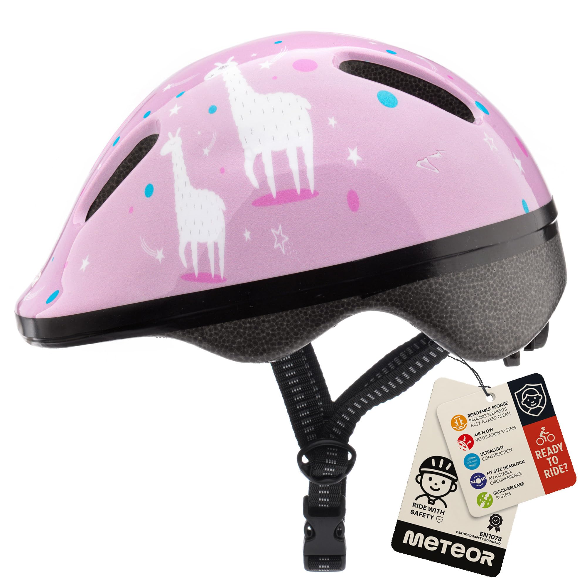 Meteor Kids Bike Helmet Lama XS 44-48 cm, Toddler & Child Cycling Helmet, Lightweight Adjustable Scooter & Skate Helmet with Airflow Vents, Washable Padding, Safety Head Protection
