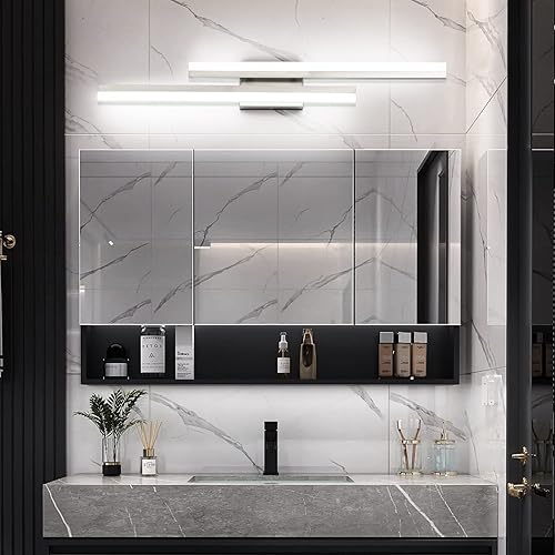 Vista 5 de PRESDE Barra de luz LED de tocador de 32 pulgadas, accesorios de iluminación de baño de níquel cepillado, iluminación moderna sobre espejo 5CCT