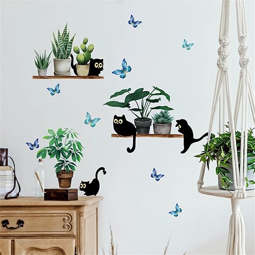 Miniatura 4 de Calcomanías de pared de gatito negro con diseño de plantas verdes en maceta, diseño de animales de dibujos animados de sacinora para bricolaje,