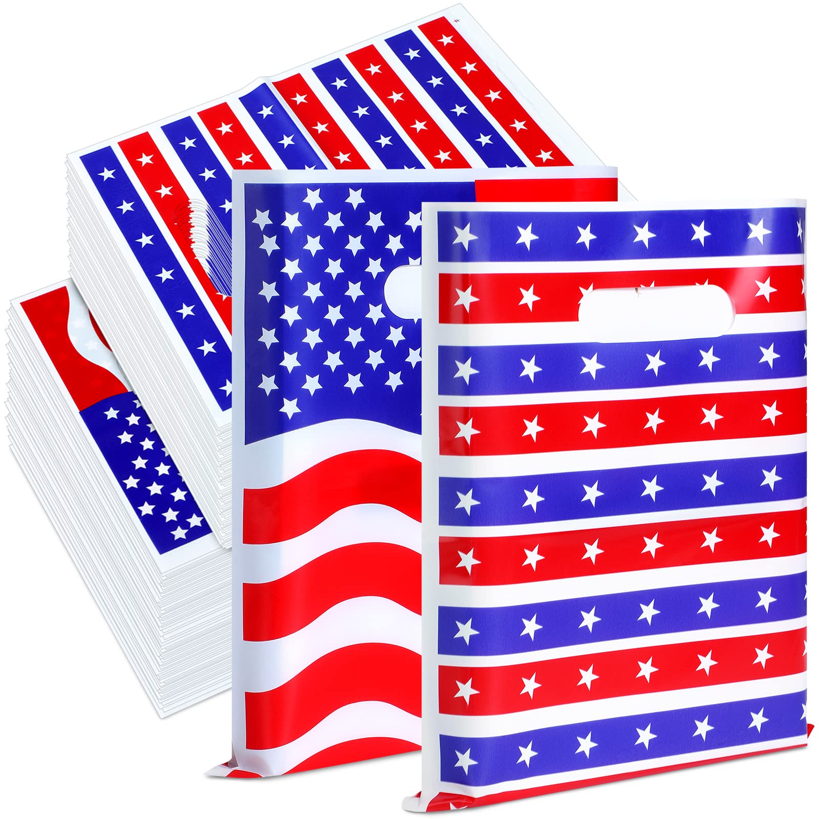 Qeeenar 100 Pcs Patriotic Gift Bags Red White and Blue Goodie Bags Bulk 4th of July Party Favor Bag with Handle Memorial Day USA Flag Merchandise Bag for 250th Anniversary Independence Day, 2 Designs