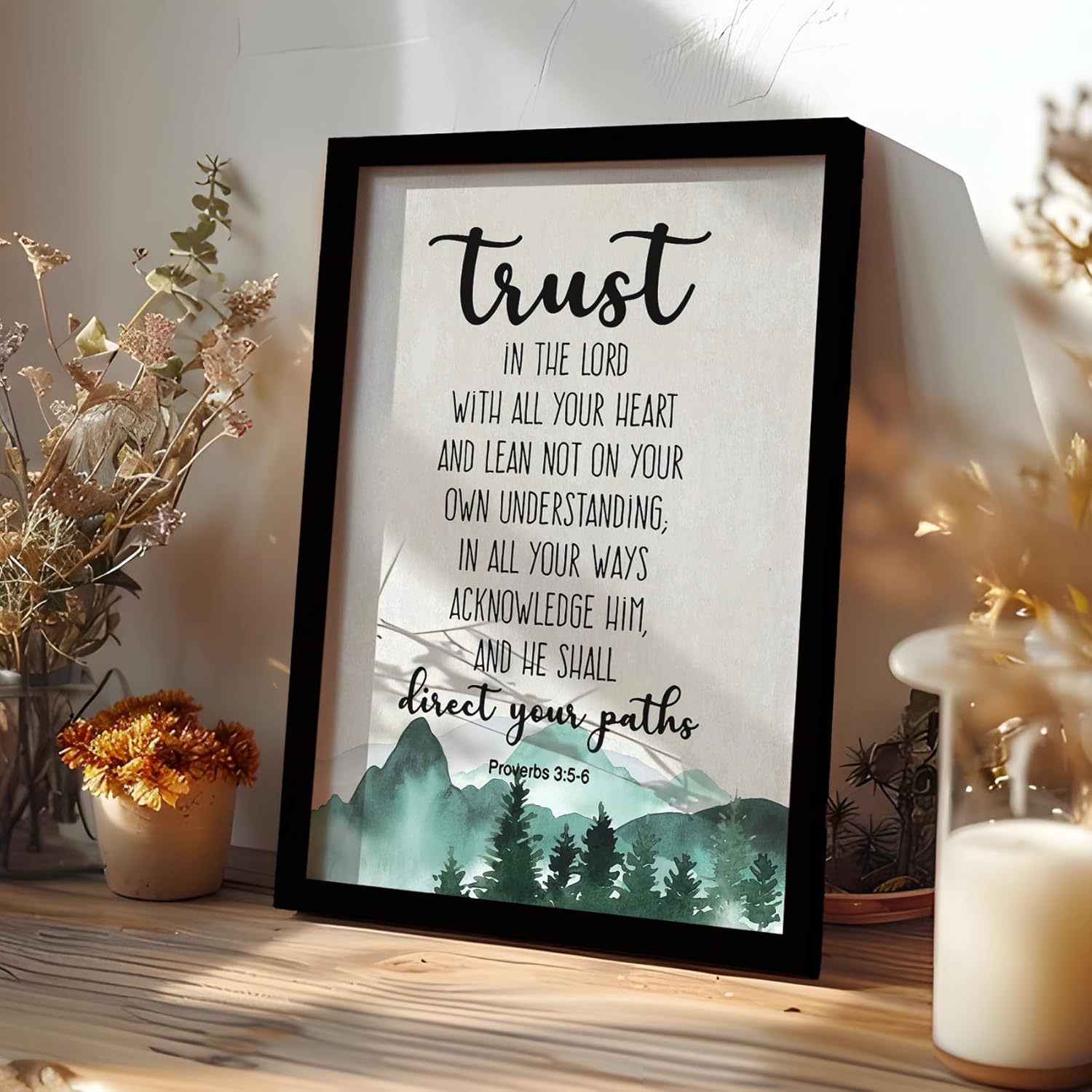 PHAMTE Christian Proverbs 3:5-6 Trust In The Lord With All Your Heart Framed Wall Art Prints Posters Decor, Bible Verse Religious Pictures Framed Artwork for Walls Prayer Living Room Decor 11x14
