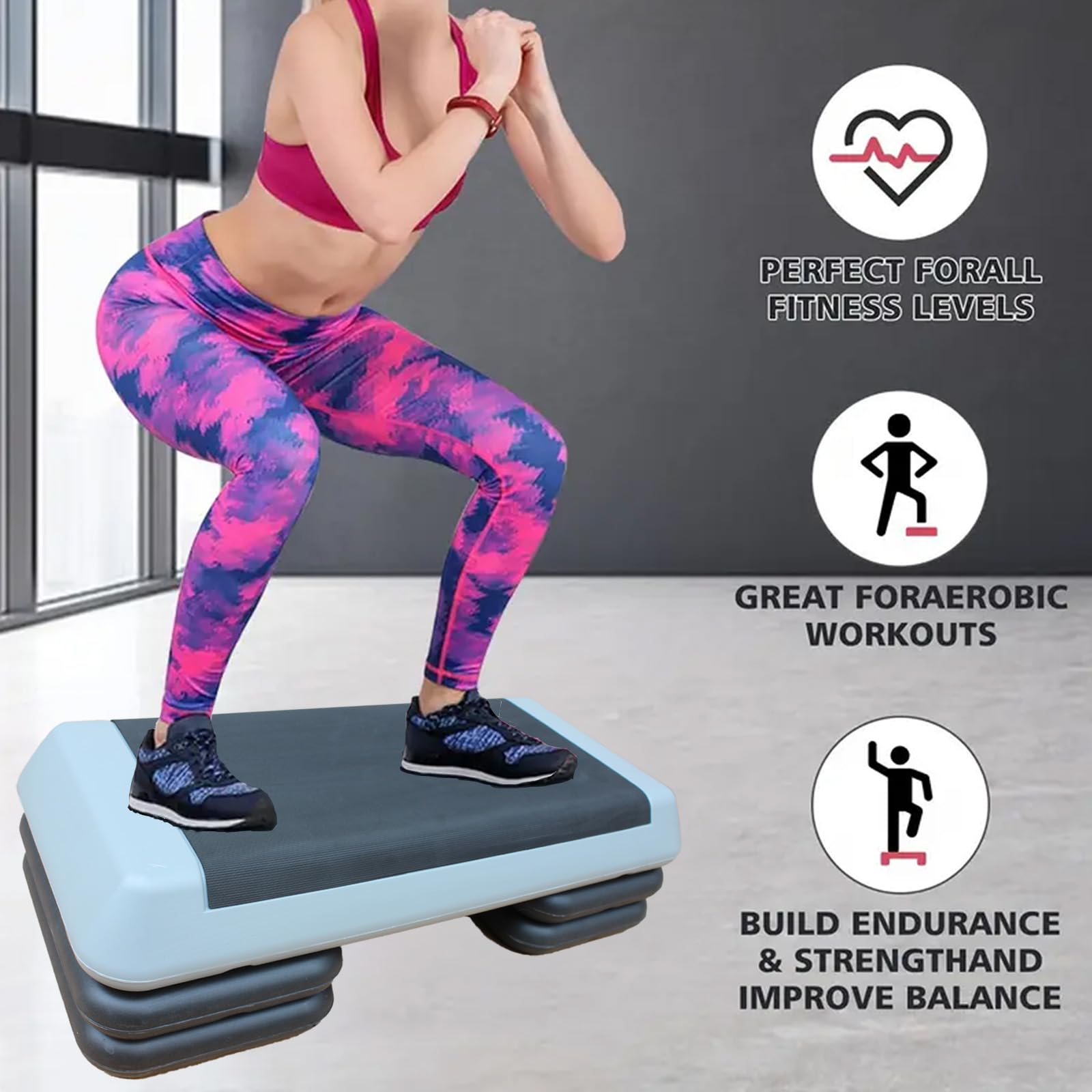 Condition photo showing New/Like New for Adjustable Workout Aerobic Exercise Step Platform, Fitness & Exercise Step Platform with 2/4 Stackable Risers for Home Gym Cardio Training(Grey/Red)