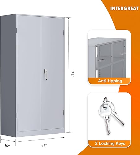 Miniatura 3 de INTERGREAT Armario de almacenamiento de garaje con cerradura, gabinete de almacenamiento de metal de 72 pulgadas con puertas de bloqueo y 4 estantes