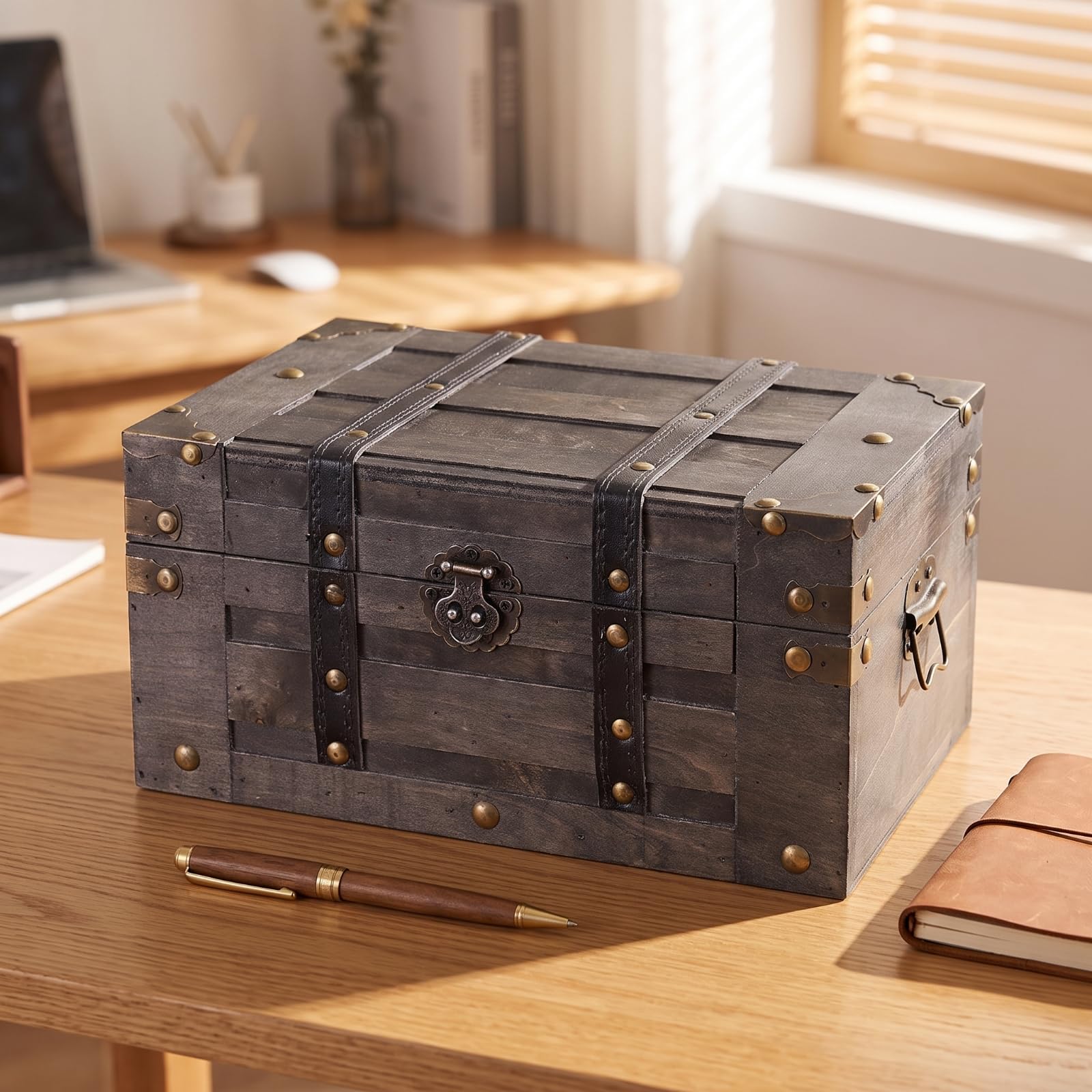 in Legno Compatto, 6266I-02-棕色大号, Grande | Decorativo, Scrigno Del Tesoro, Retrò, con Chiusura Frontale, per Libreria