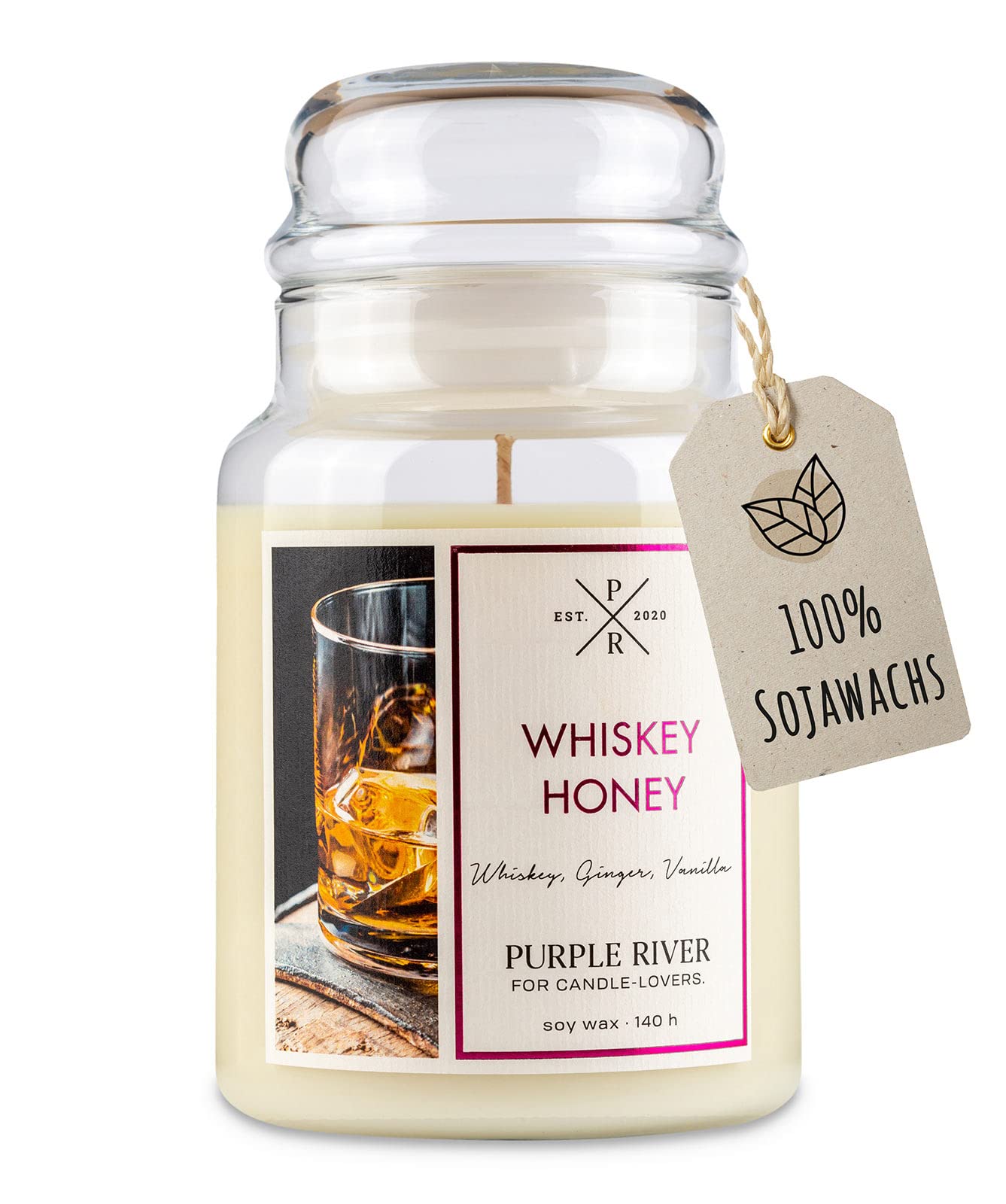 Duża świeca zapachowa w słoiku z pokrywką | Whiskey Honey | świeca zapachowa dla mężczyzn, długi czas palenia (140 h), świeca zapachowa z wosku sojowego, białe (623 g)