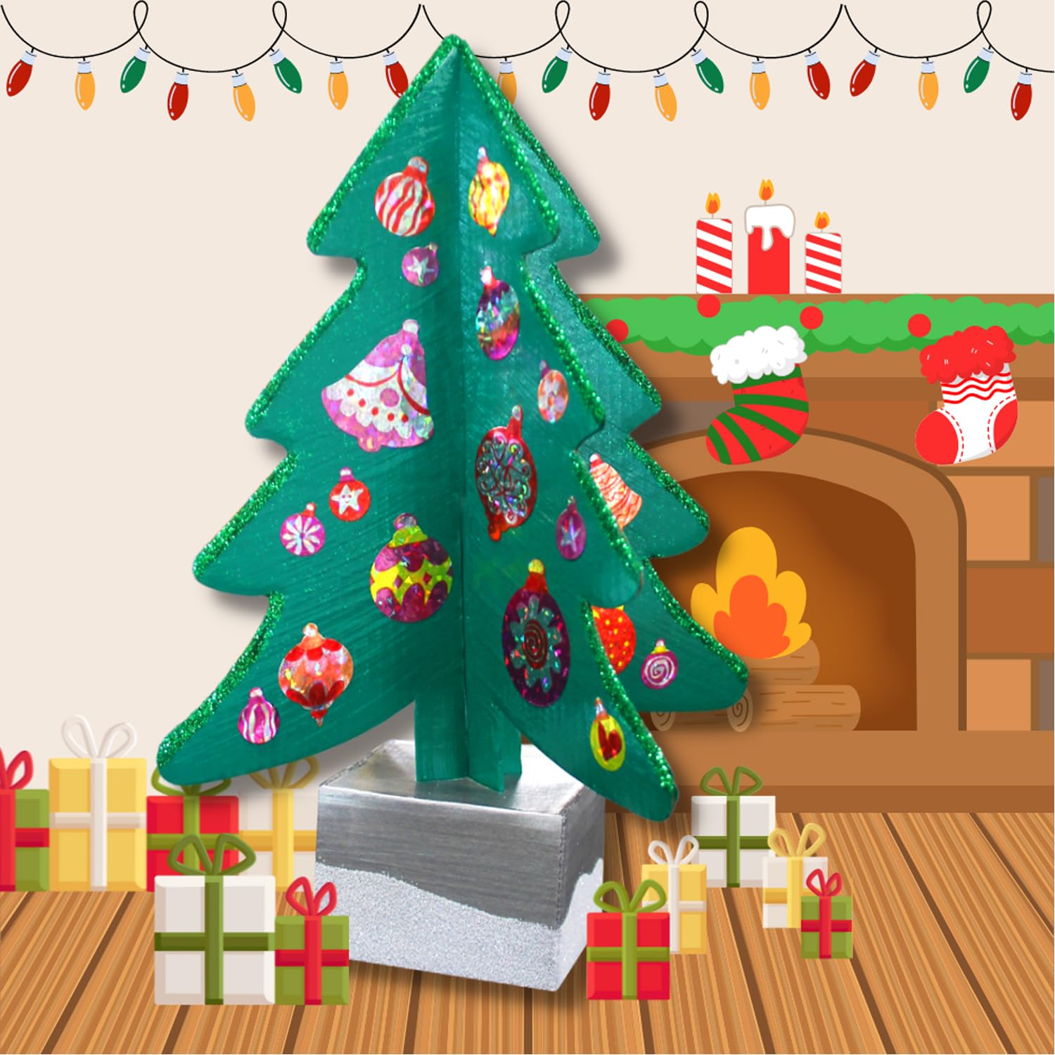 CLEOPATRE – Kit Peinture Acrylique et Gel Pailletés Noël, 30 Sapins en Carton à Décorer – Loisirs Créatifs pour Enfants - Lot de 6 flacons de 250ml