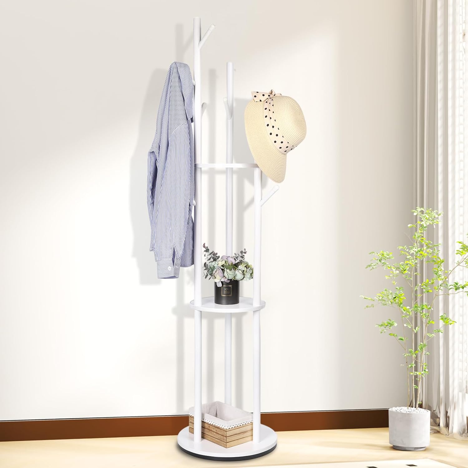 Solid Wood Coat Rack with 3 Shelves and 9 Hooks, Freestanding Rotary Coat Tree for Entryway, Bedroom, Living Room, Hallway – Holds Jackets, Coats, Hats, Bags (White)