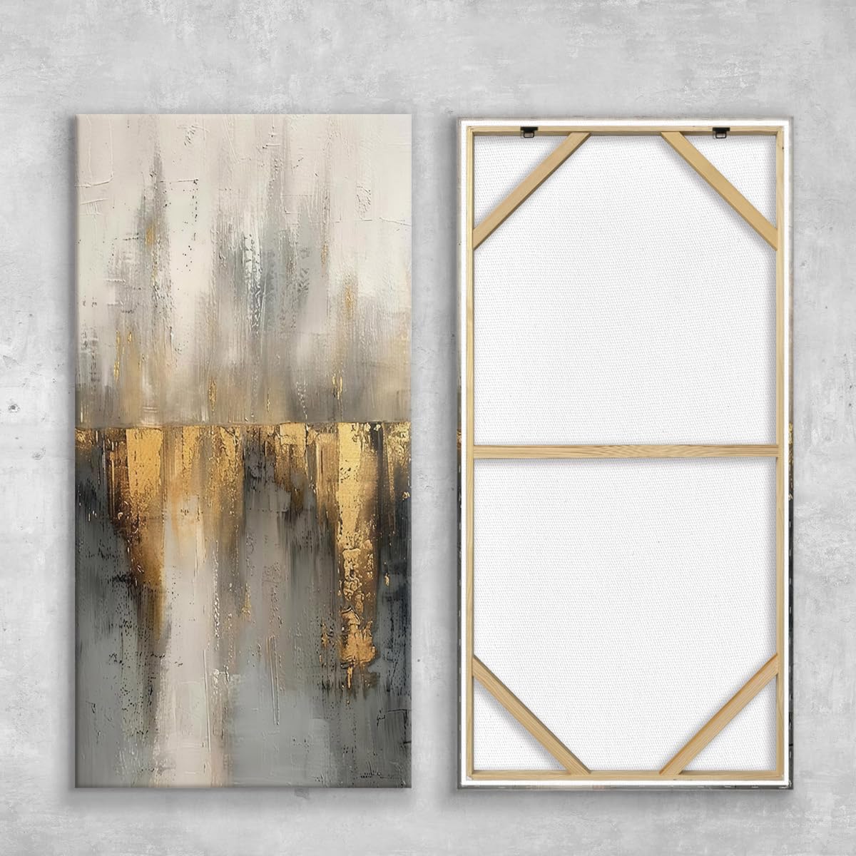 UUDEZO Lienzo enmarcado con texturas y diseños abstractos dorados - Decoración de pared para sala de estar (75 x 150 cm (30 x 59 pulgadas) con marco)