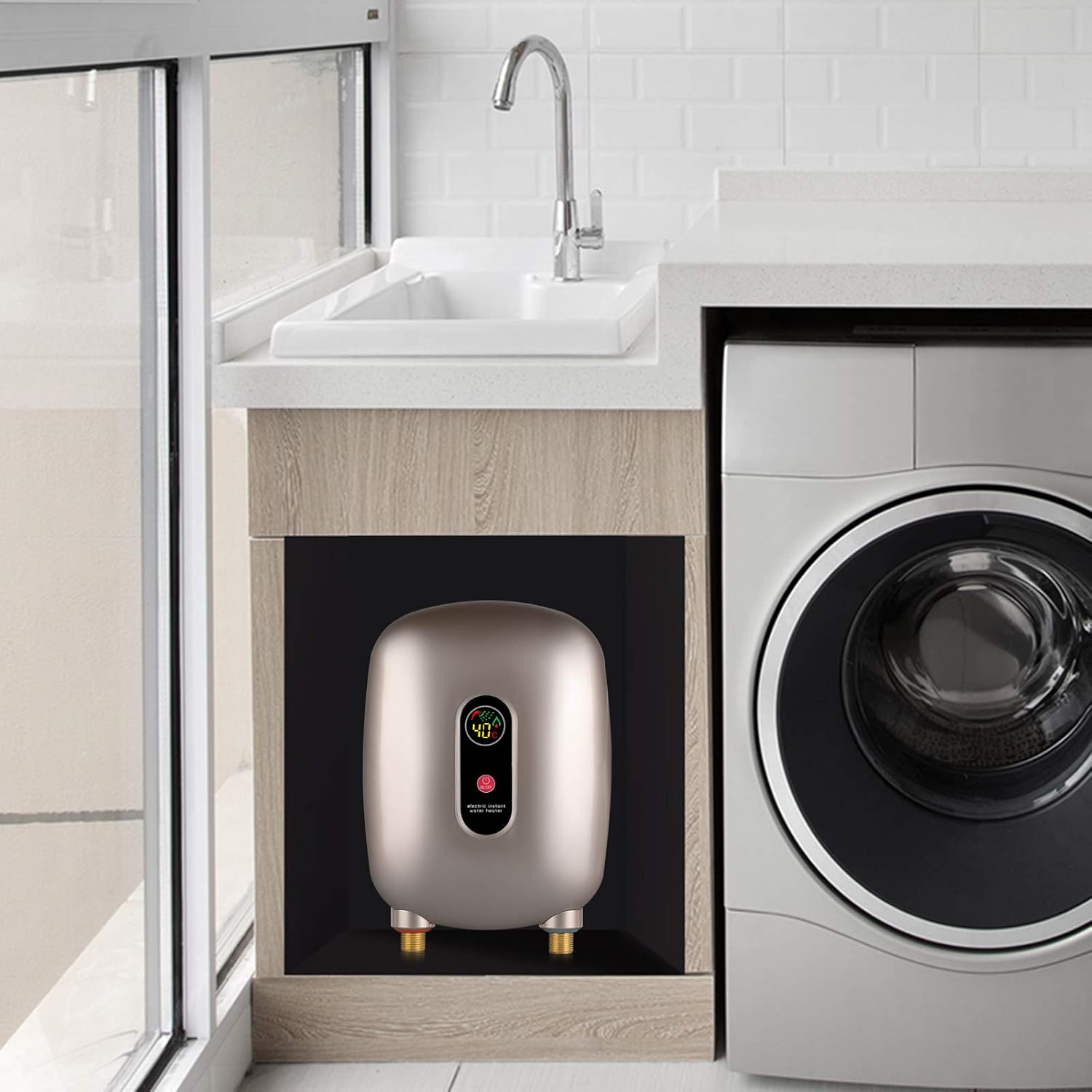 Electric Instant Water Heater Tankless for Kitchen,Bathroom, Hot Water with LCD Display,110V,3000W,Water Temperature Range(68-126°F),Constant temperature,IPX4,26.5*20*7.8cm,Aluminum,Gold