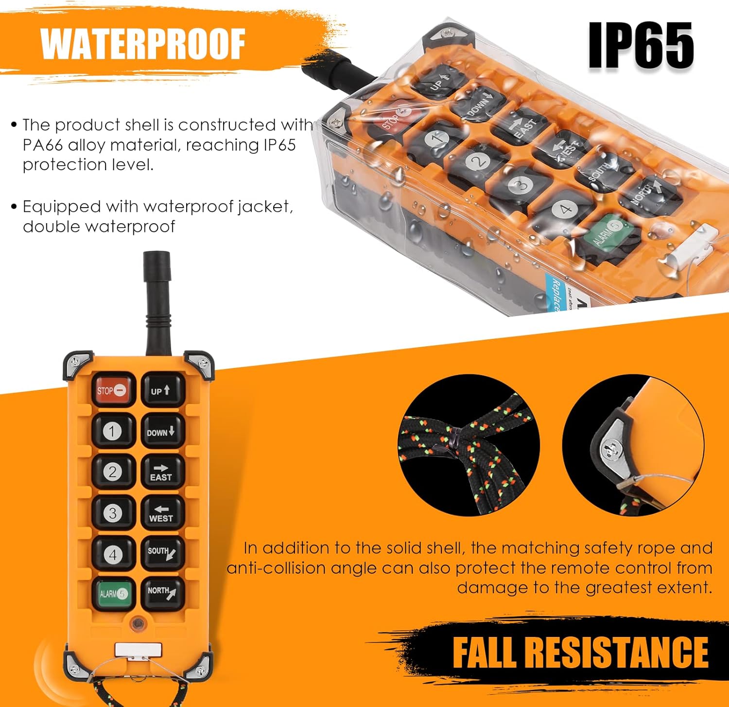 The NEWTRY wireless crane remote control transmitter shown with a transparent overlay highlighting its IP65 waterproof rating and reinforced corners for fall resistance.