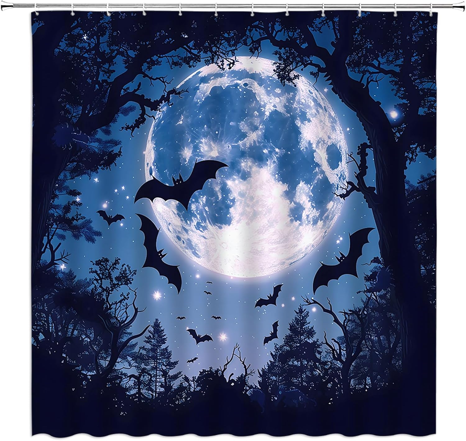 AMFD Spooky Halloween Shower Curtain Scary Bats Black Dead Tree Red Full Moon Starry Sky Horror Scene Bathroom Curtains Decor Fabric Set Include Hooks,(70" Wx84 H)