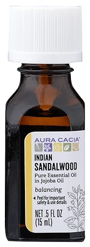 Aura Cacia Aceite esencial de sándalo indio en aceite de jojoba, probado por GCMS para su pureza, 0.5 fl oz (0.5 onzas líquidas)