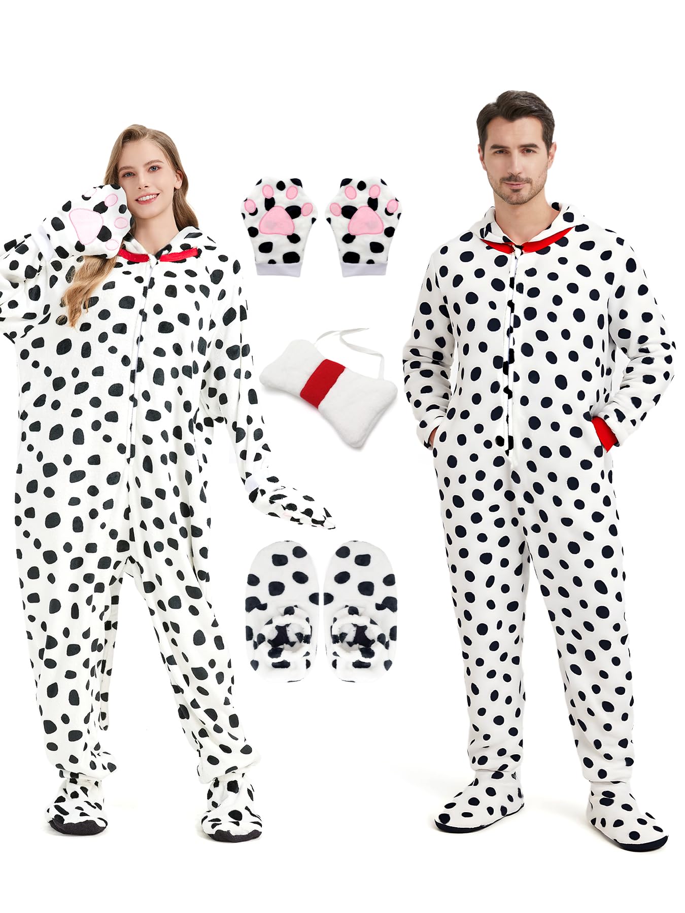 Hislovy Disfraz de Dálmata para Adulto con Capucha, Pijama Animal de Dalmatina para Carnaval Halloween Navidad