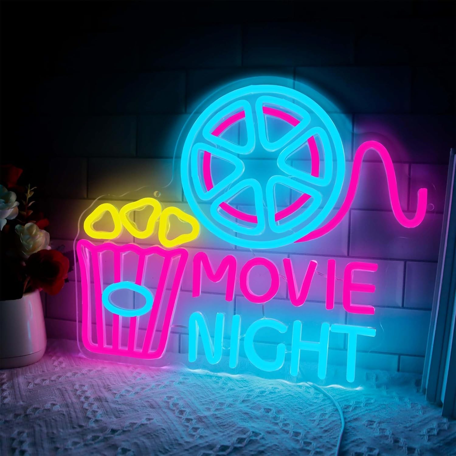Insegna al neon con scatola di carta con popcorn, luce al neon a LED per decorazione da parete, decorazione per il cinema, luci USB dimmerabili per sala cinema, feste di compleanno