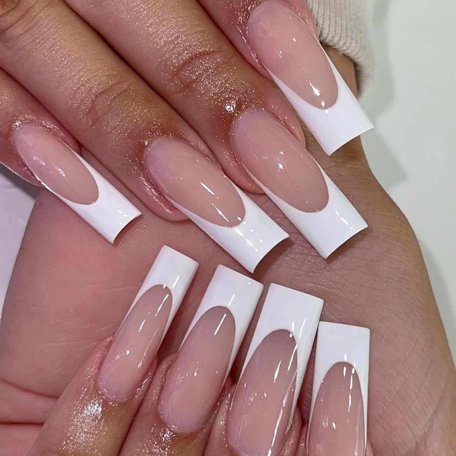 French Tip Press on Nails Long Square Fake Nails Glossy Nude Glue on Nails with Designs White Nail Tip Acrylic Nails Simplicity French Full Cover False Nails for Women Girls Manicure Decoration 24Pcs