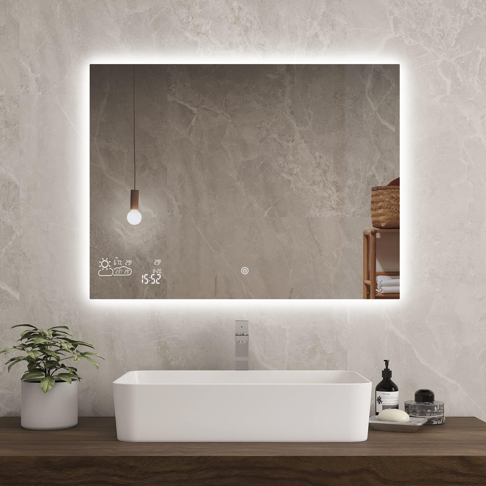 BYECOLD 32X24 LED Bathroom Mirror with Lights, Smart Bathroom Lighted Vanity Mirror with WiFi Weather DIspaly, Anti-Fog, Dimmable Backlit 2 Colors Brightness Wall Mounted - Horizontally Only
