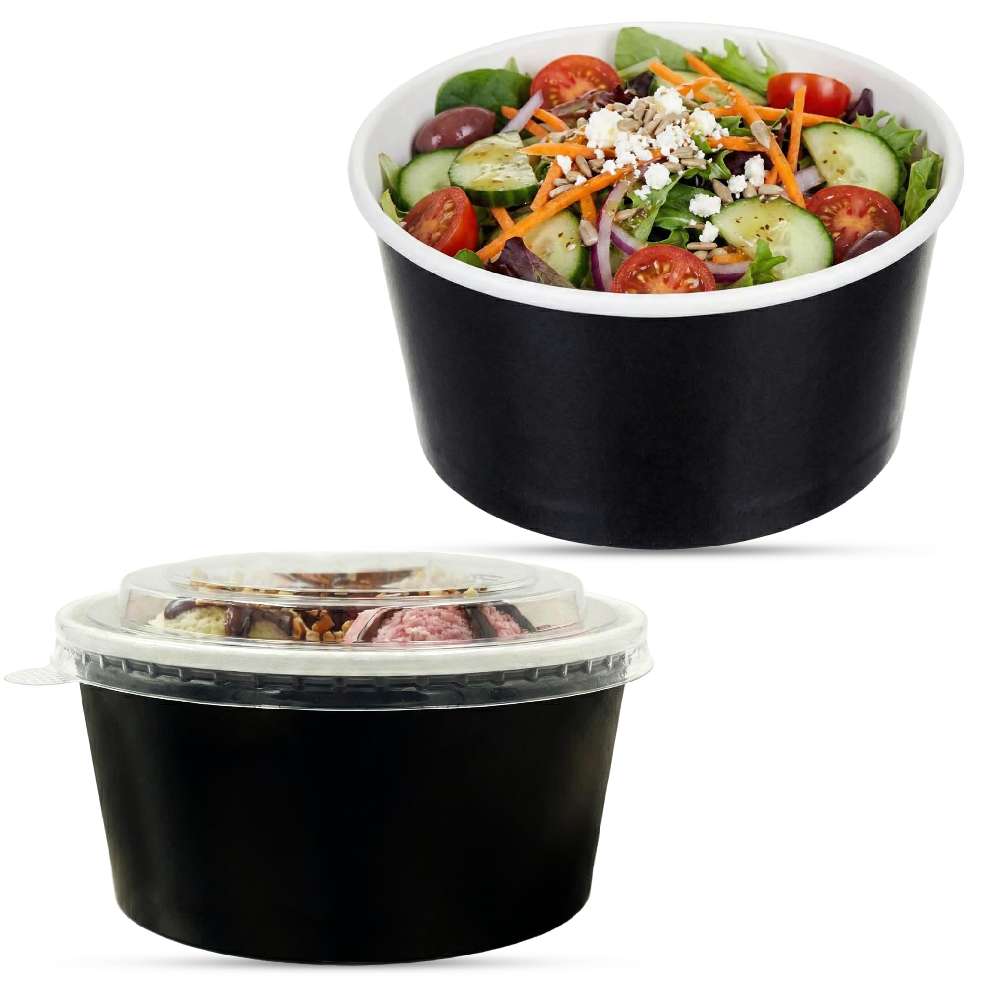 CHEF ROYALE 150x 1000ml Black Salad Paper Bowls with Lids - Takeaway Bowls for Hot/Cold Food - Leakproof Soup Containers - Treat Cups for Ice Cream Sundae (150, 1000 ml)
