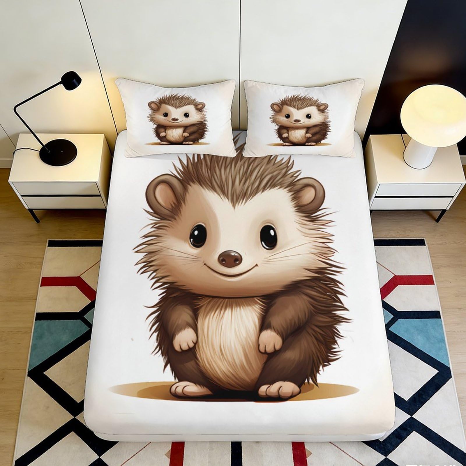3D Printed Cute Hedgehog Fitted Sheet Microfiber Soft Anti-Slip Animal Mattress Cover for Bedroom Dorm Easy Wash Decor 160x200x25cm