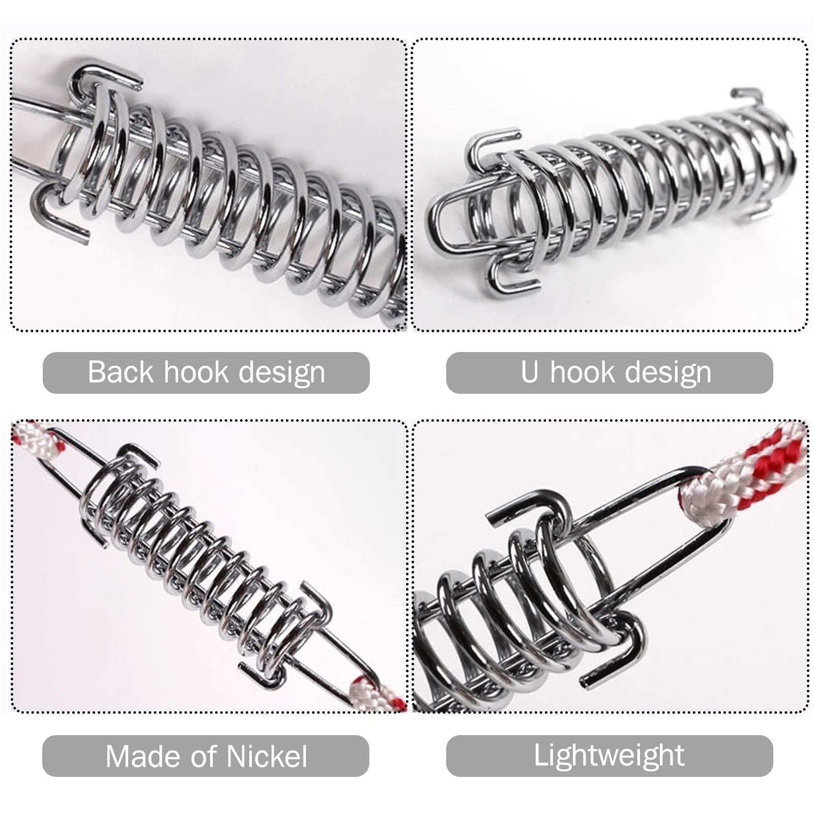 Pack De 4 Resortes De Tensión De Acero Inoxidable Con Ganchos Y 8 Mosquetones - Para Estabilizar Tiendas Y Toldos, Camping, Playa