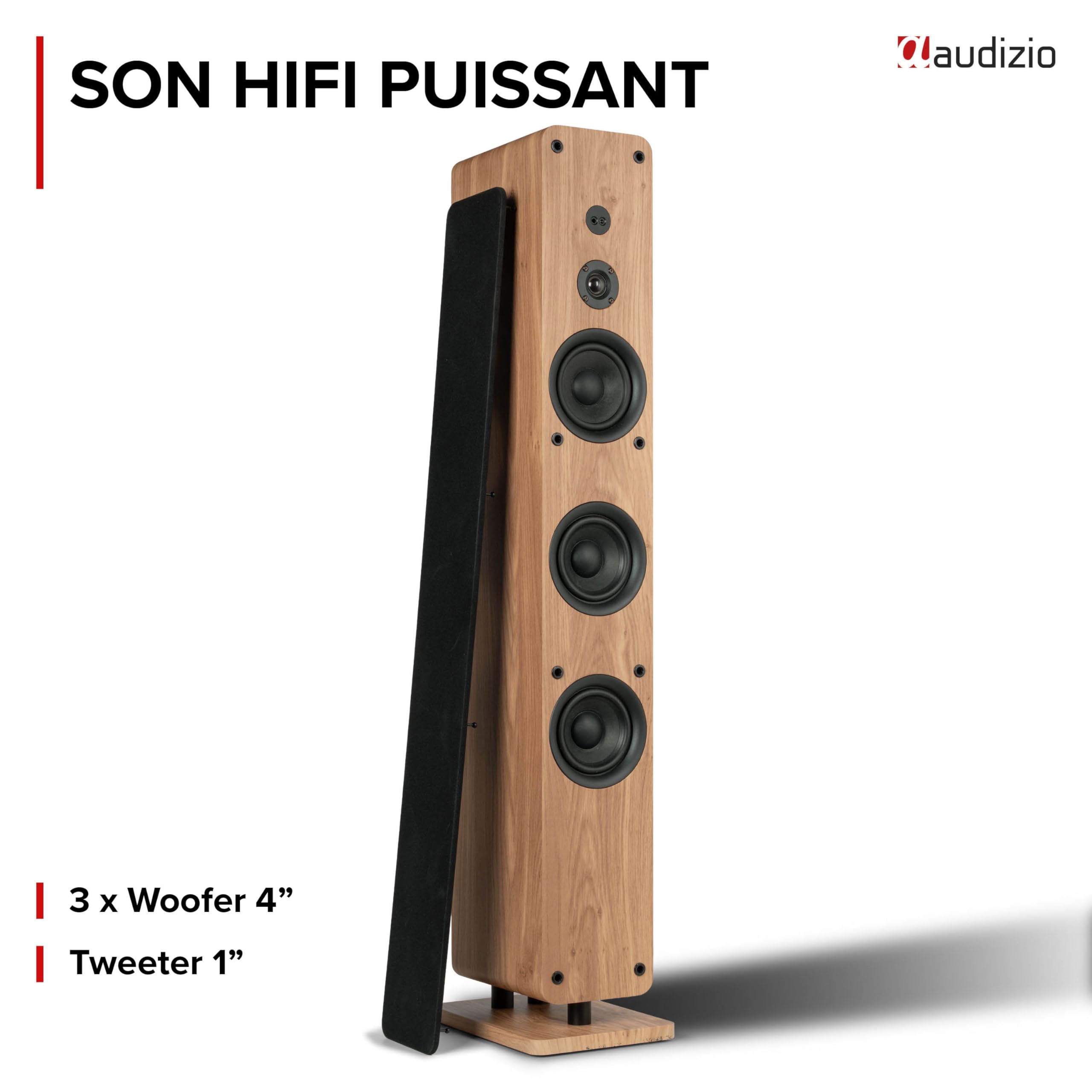 Audizio ARCO - Enceinte Colonne Hi-FI Active Chêne Clair avec Radio Dab+ 160W avec 3 Woofers 4″ - Tour de Son BT, USB, Optique