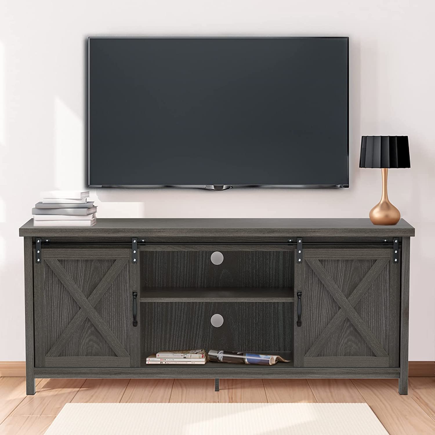 GAZHOME Modern Farmhouse TV Stand with Sliding Barn Doors, Media