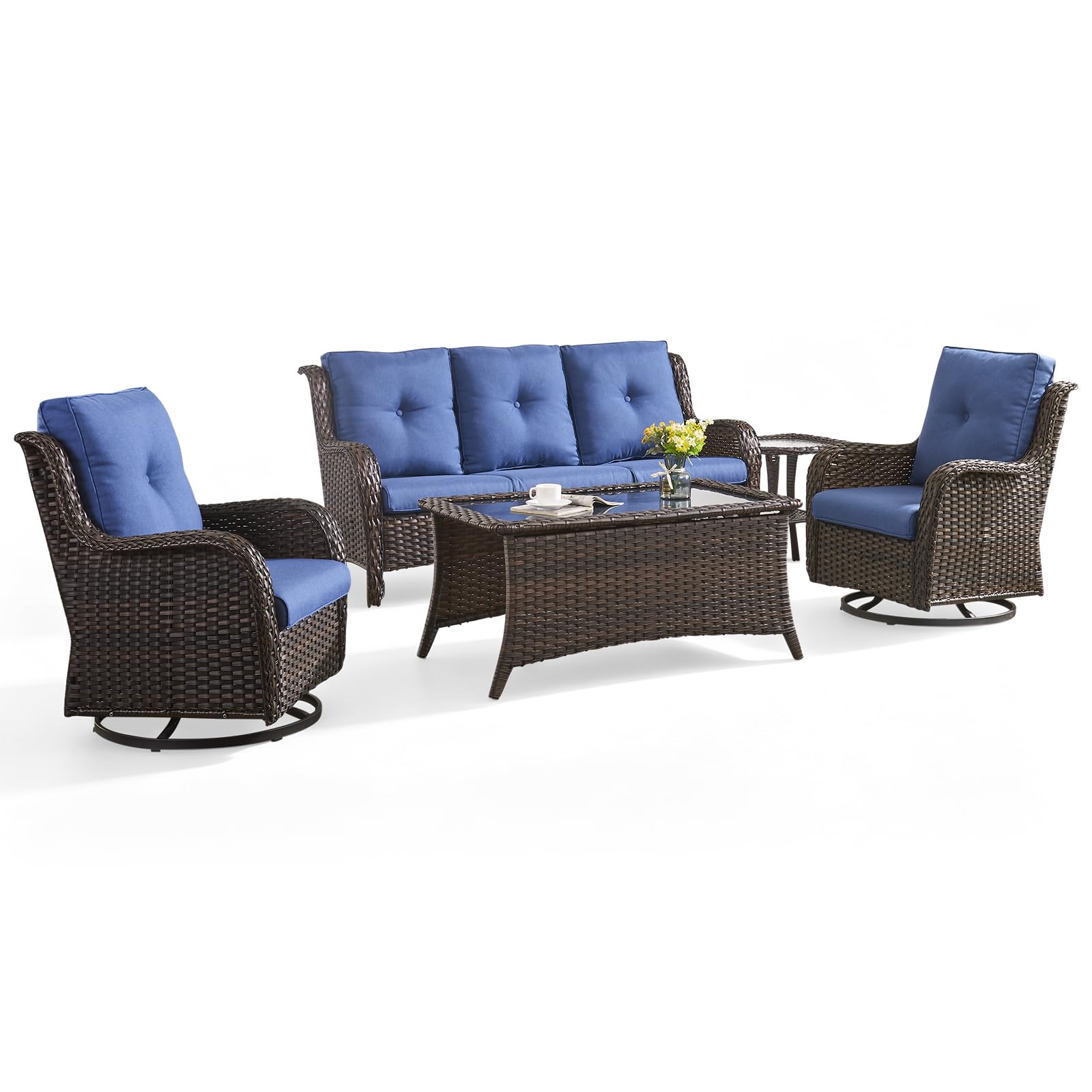 Rilyson Patio Outdoor Wicker Swivel Rocker Chairs Set of 5, Blue Cushions