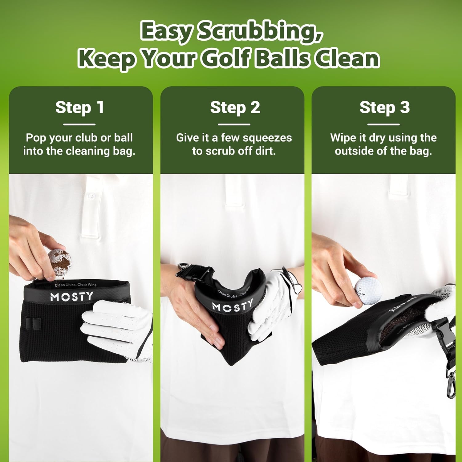 Golf Club & Ball Cleaner Bag - Portable Golf Washer Pouch with Detachable Clip, Microfiber Golf Brush, Cleaning Kit & Groove Cleaner, Golf Bag Accessories, Gadgets, Gear & Gifts for Men Women