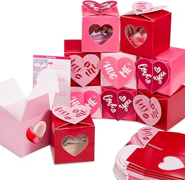 Whaline 24Pcs Valentines Day Treat Boxes Red Pink Heart Cardboard Box with Window 3 Inch Mini Cupcake Box Valentines Gift Container for Goodie Cookie Candy Sweet Crafts Party Favor Supplies