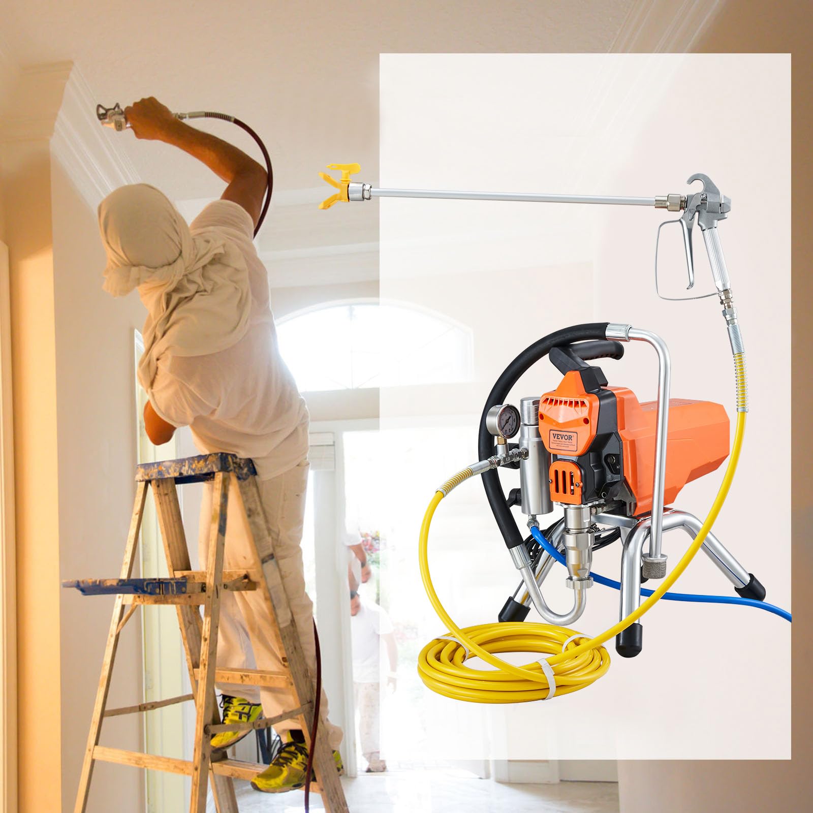 VEVOR Système de Peinture par Pulvérisation 2000 W, Pulvérisateur sans Air avec Tuyau Haute Pression, Pistolet de Peinture Mural 3000 PSI, pour Peinture à Base d'eau d'Huile Intérieure Extérieure