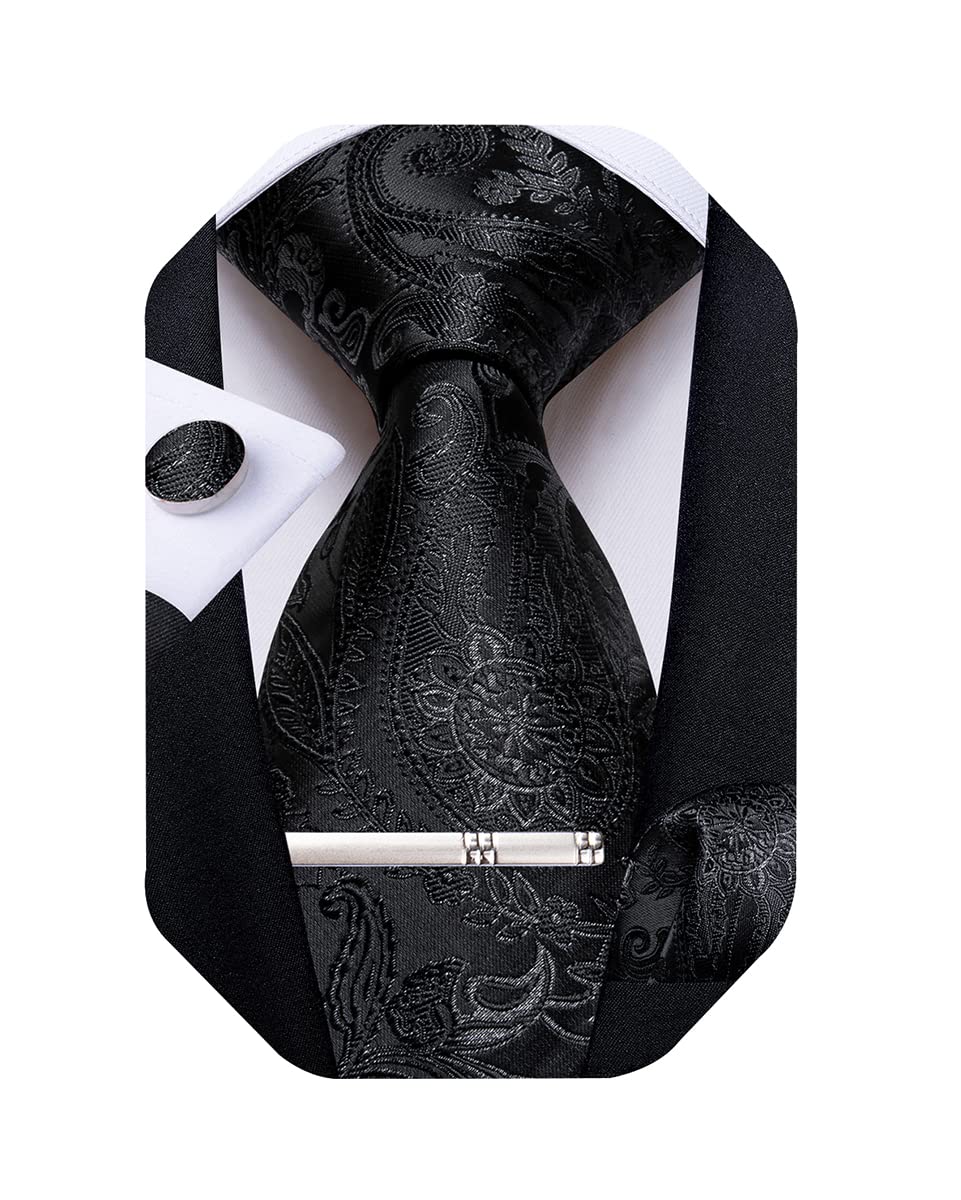 DiBanGu Paisley Ties for Men Silk Necktie and Pocket Square Cufflinks Tie Clip Set Woven Classic Mens Tie for Wedding Party