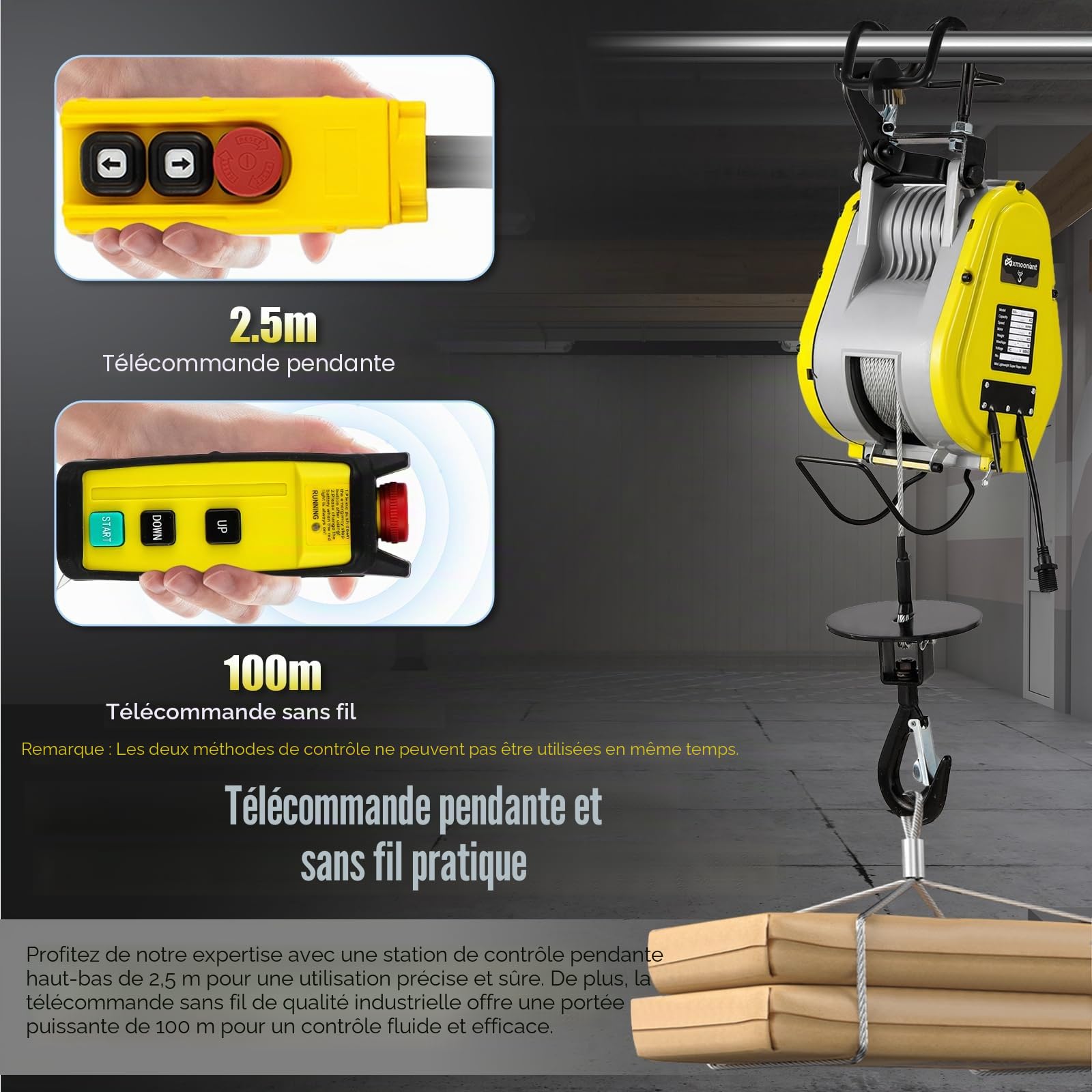 Mxmoonant Palan électrique 260 kg 30 m avec moteur sans balais, 18 m/min | télécommande sans fil et télécommande par câble, léger et stable, double mécanisme de frein de sécurité