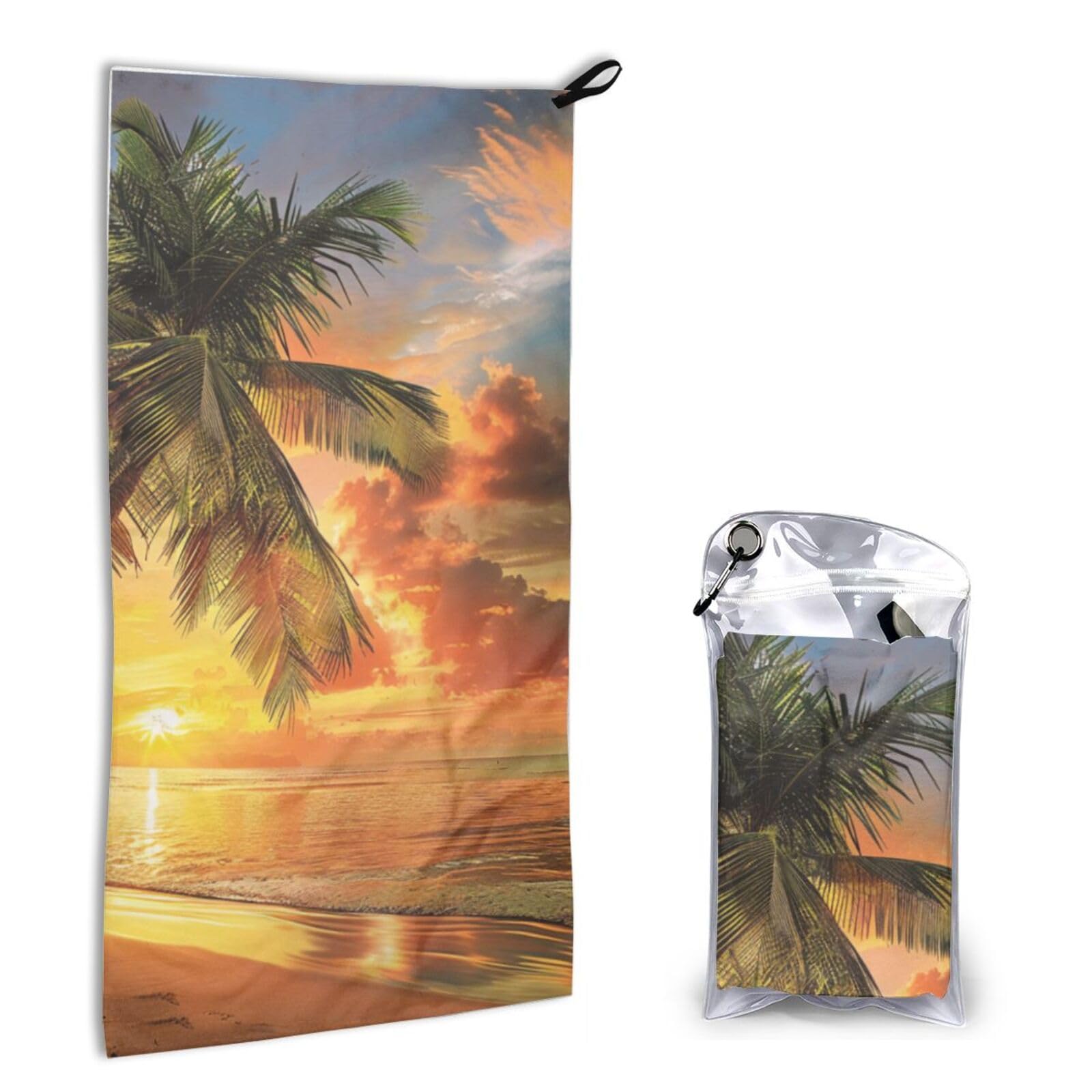BWWHCCTI Quick Dry Hand Towel With Bag - Tropical Beach Palm Tree Sunset Printed Super Absorbent Face Cloth Microfiber Travel Sports Towels 40x80cm