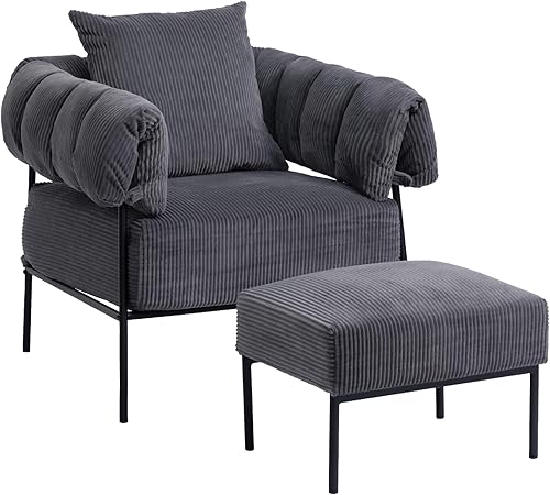 HollyHOME Silla decorativa moderna de terciopelo con otomana, cómoda silla de lectura tapizada y reposapiés, sillón grande perezoso con taburete,