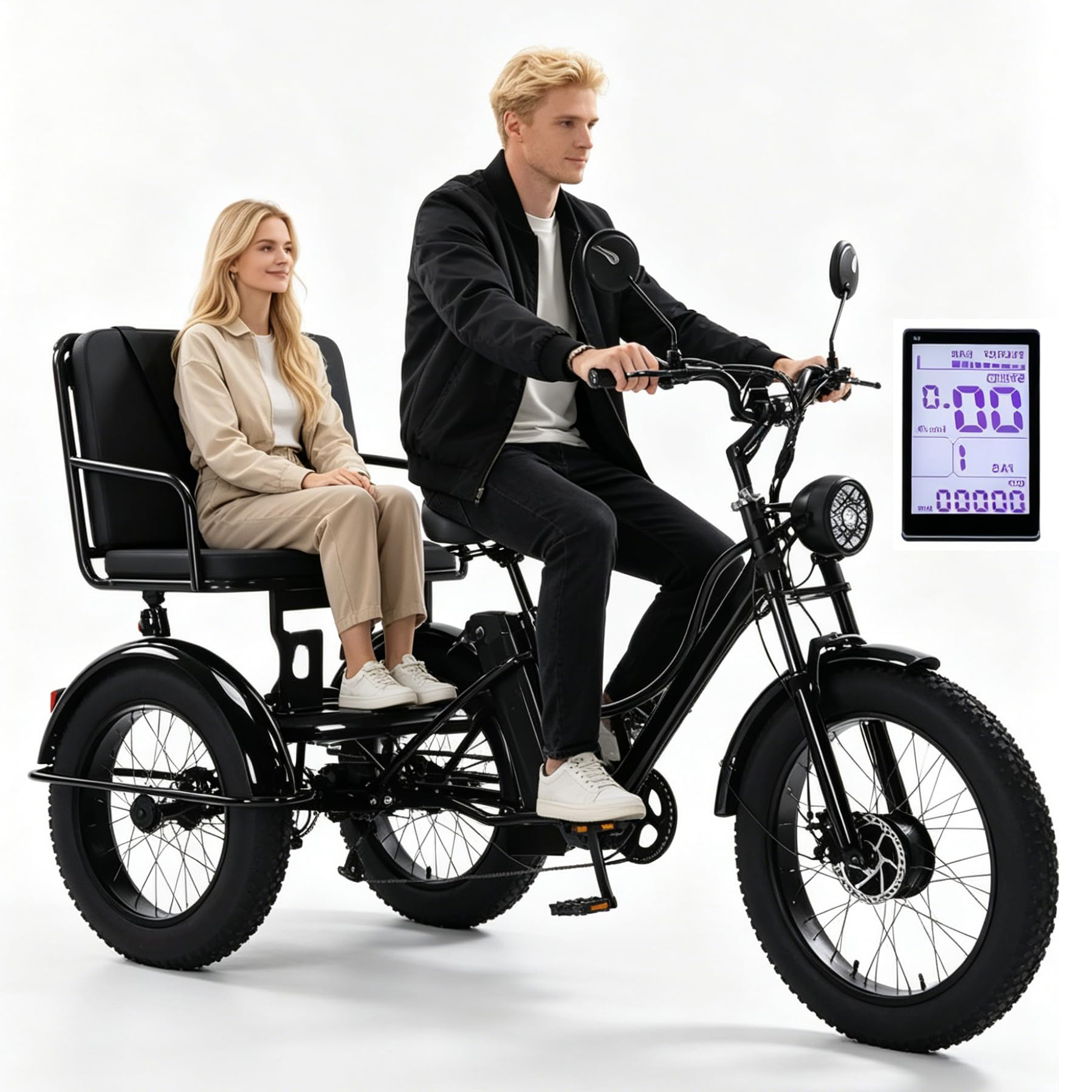 WhFKLca Fat Tyre Tricycle for Adults with Basket, 24'' Electric Tricycle with Carbon Steel Frame, Lcd-Display, Safety Horn, Led Headlight, Electric Cargo Trike for Senior, 65km Range Black2