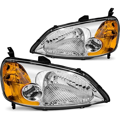 for 2001-2003 Honda Civic Headlights Assembly Compatible with 2001 2002 2003 Civic 2/4DR Chrome Housing Amber Reflector Replacement Driver & Passenger Side